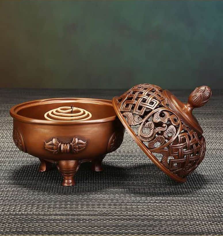 Premium Pure Copper Rectangular Incense Burner – Handwoven Rattan Texture & Hollow Design