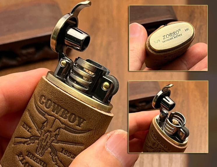 Zorro 520 Vintage "Western Cowboy" Brass Lighter – Handmade Crazy Horse Leather Wrap | Retro Kerosene Ignition – Lighter – view 2