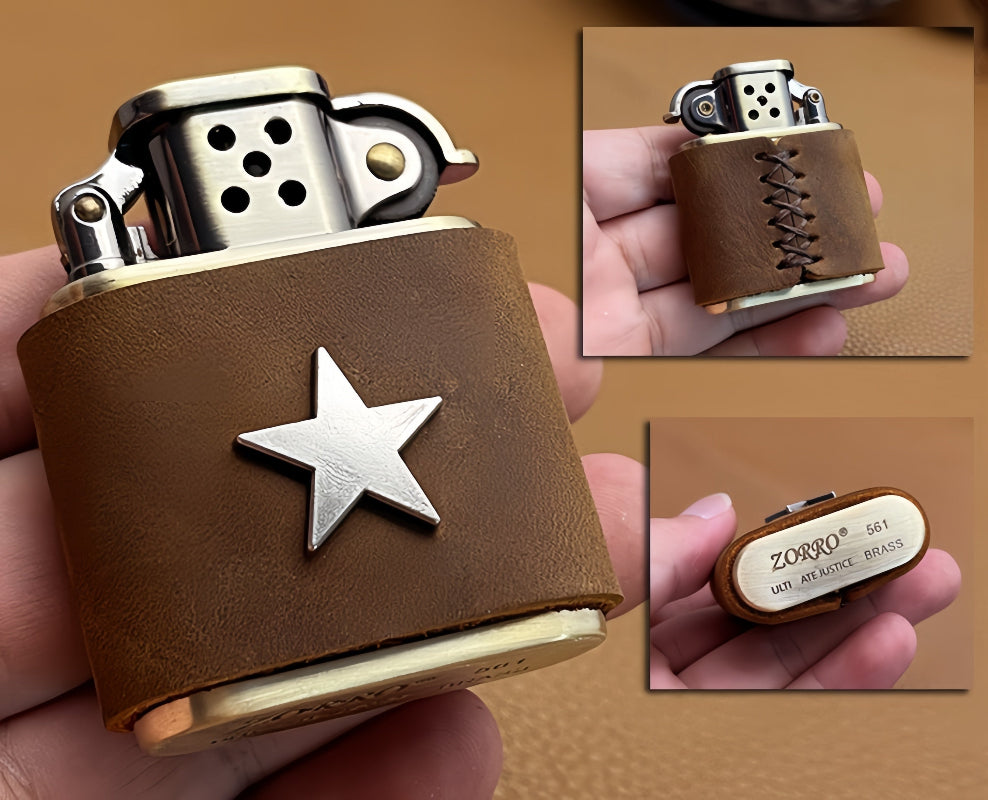 Brown leather vintage brass oil lighter with star emblem, handmade refillable petrol lighter