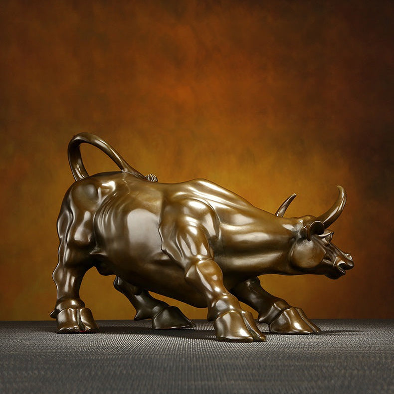 Solid brass bull statue desk decor, antique brass finish, luxury office sculpture in a private study