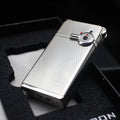 Dual flame refillable metal lighter held in hand, windproof petrol lighter close-up