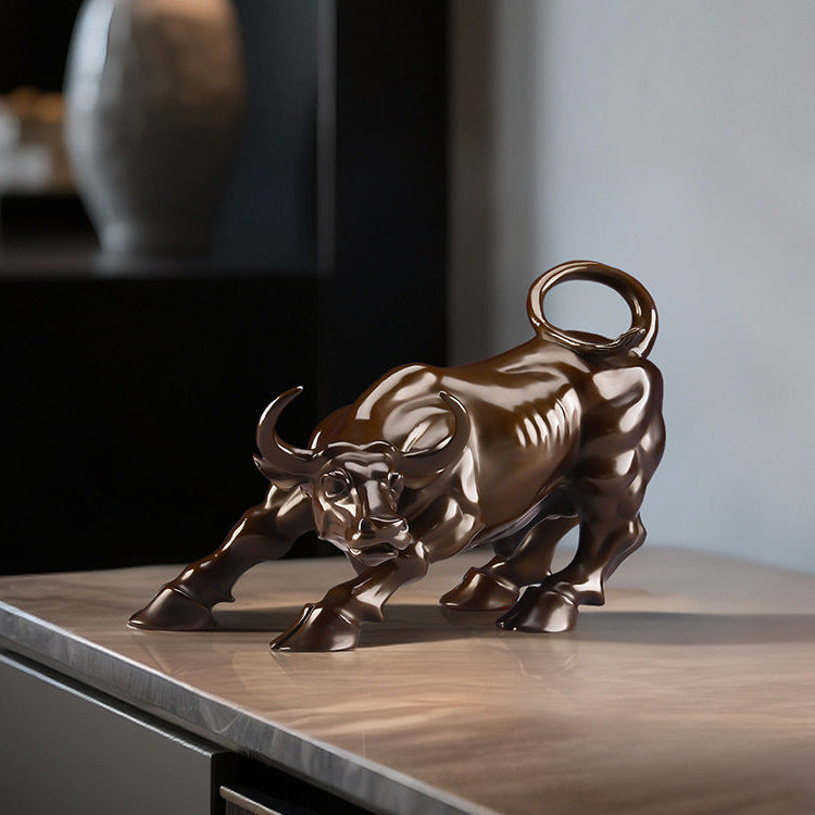 Solid brass bull statue desk decor, antique brass finish, luxury office sculpture in a private study