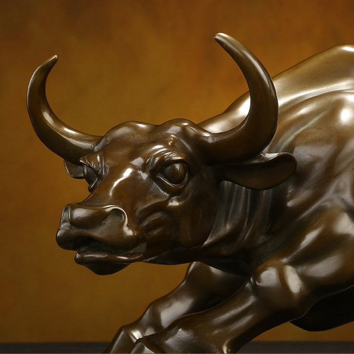 Solid brass bull statue desk decor, antique brass finish, luxury office sculpture in a private study