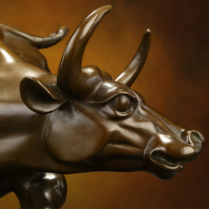 Solid brass bull statue desk decor, antique brass finish, luxury office sculpture in a private study