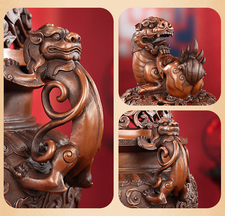 Bronze guardian lion incense burner displayed in a private study setting
