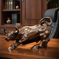 Solid brass bull sculpture displayed on a wooden desk in a private study.