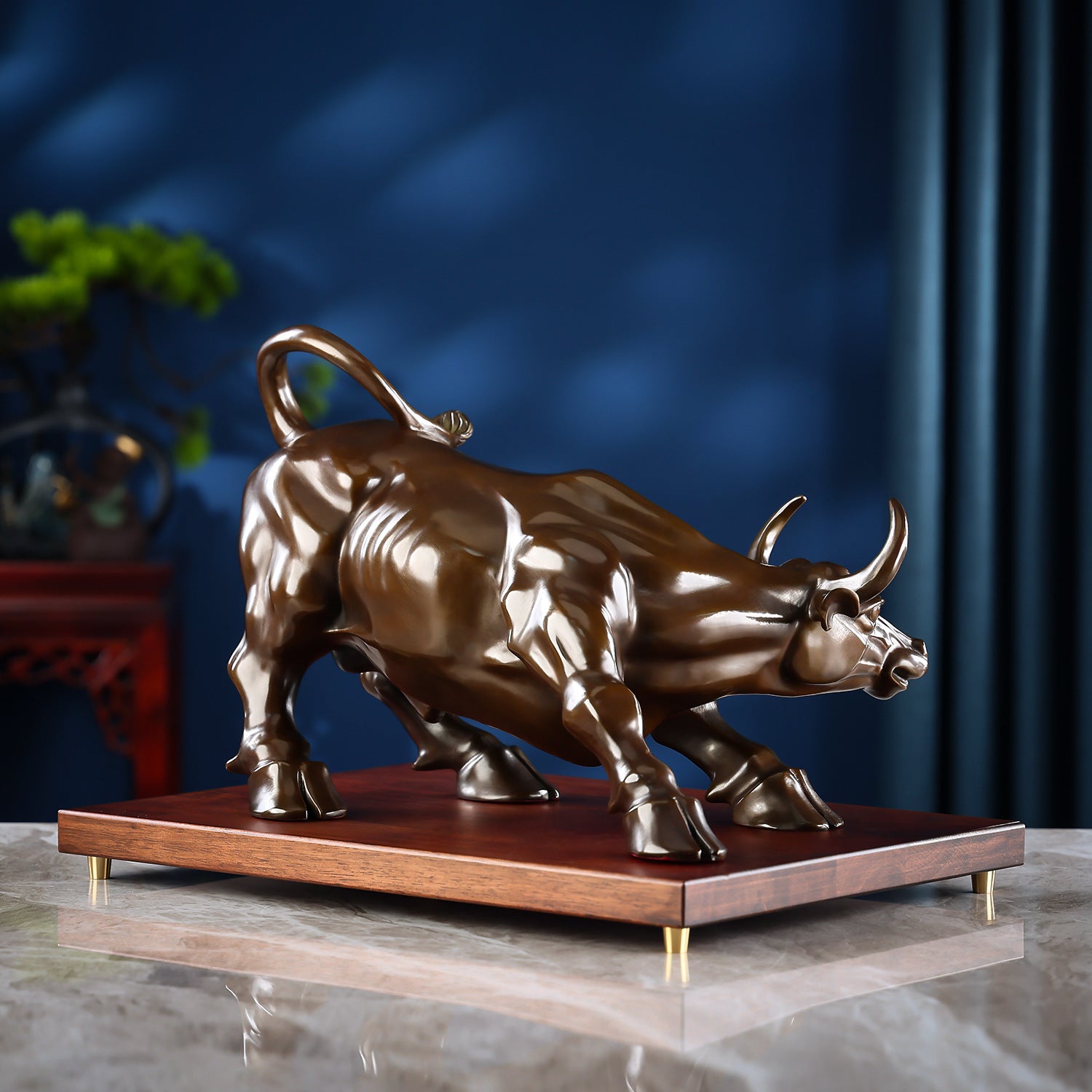 Solid brass bull statue desk decor, antique brass finish, luxury office sculpture in a private study