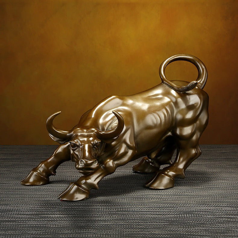 Solid brass bull statue desk decor, antique brass finish, luxury office sculpture in a private study