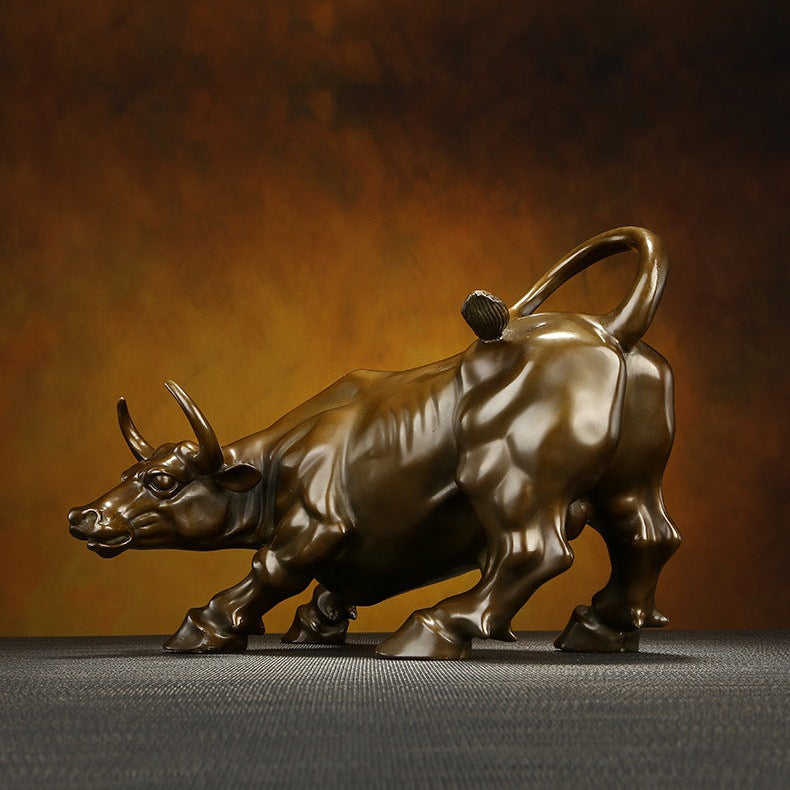 Solid brass bull statue desk decor, antique brass finish, luxury office sculpture in a private study