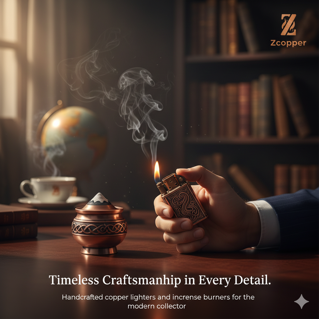 A quiet private study scene with brass writing instruments, an oil lighter, and a notebook on a wooden desk.