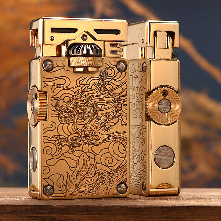 Vintage brass oil lighter with gold finish resting on wooden surface, refillable petrol lighter detail