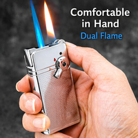 Handheld metal dual flame lighter, refillable petrol lighter with blue and yellow flame