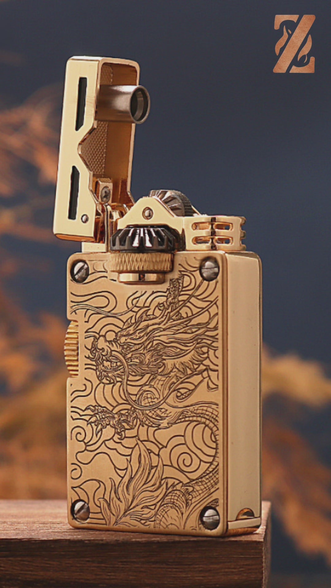 Vintage brass oil lighter with gold finish resting on wooden surface, refillable petrol lighter detail